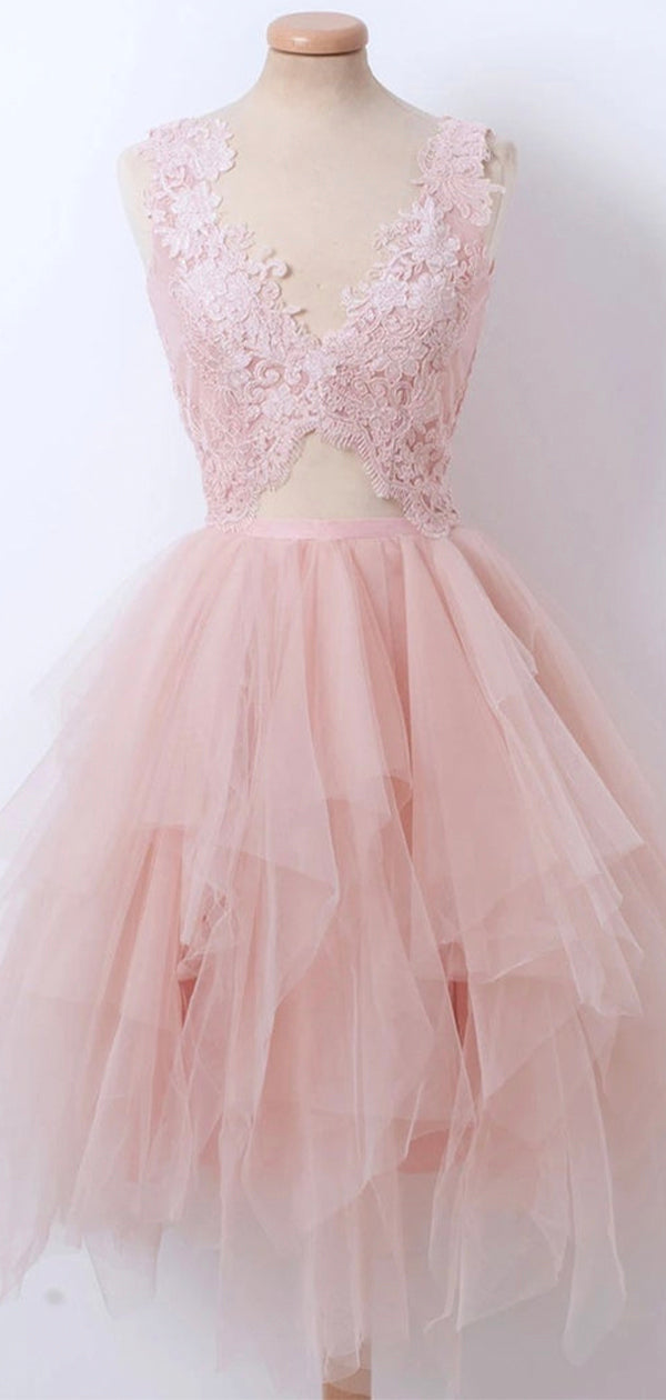 A-line Pink Lace Sleeveless Modest Short Party Prom Dresses, Tulle Homecoming Dresses HD017