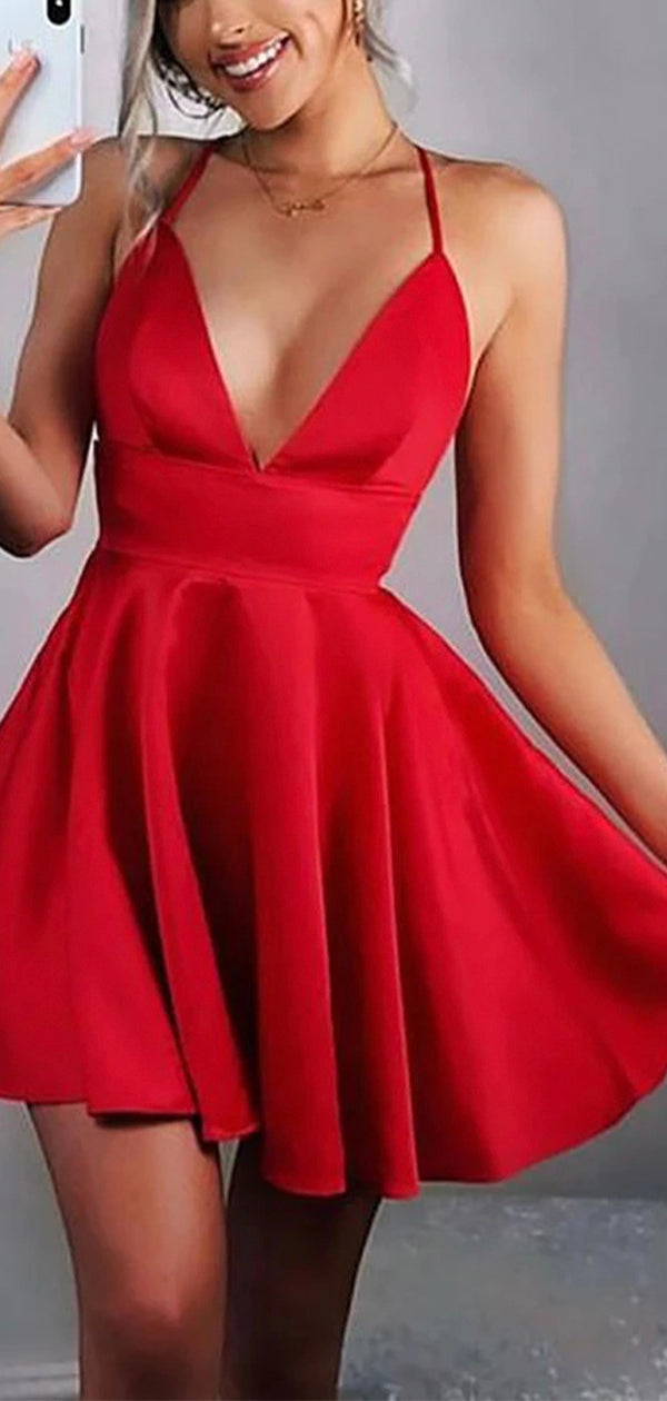 A-line Red Simple Short Party Prom Dresses, Modest Homecoming Dresses HD021