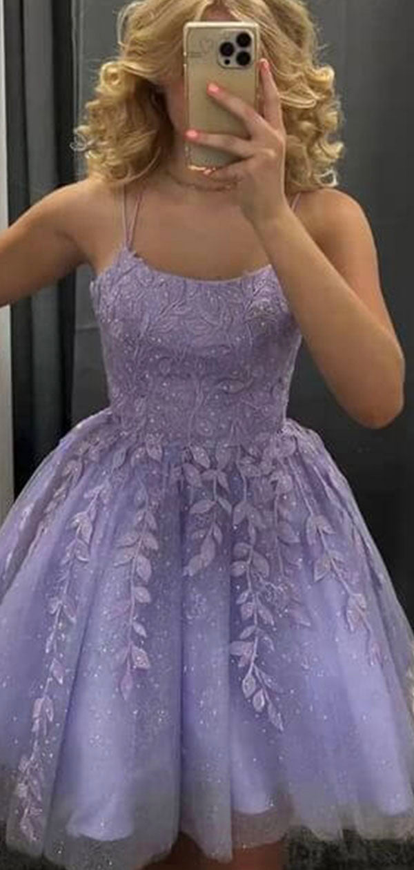 A-line Spaghetti Straps Sparkly Light Purple Lace Short Homecoming Dresses HD001