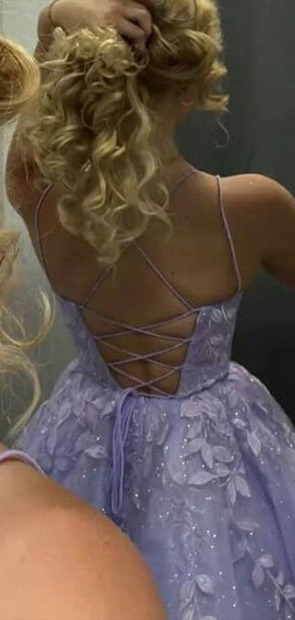 A-line Spaghetti Straps Sparkly Light Purple Lace Short Homecoming Dresses HD001