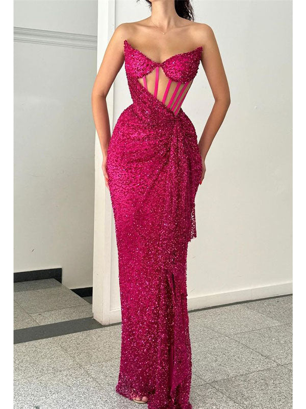 Mermaid Sequin Sparkly Strapless Unique Fashion Party Evening Long Prom Dresses PD031