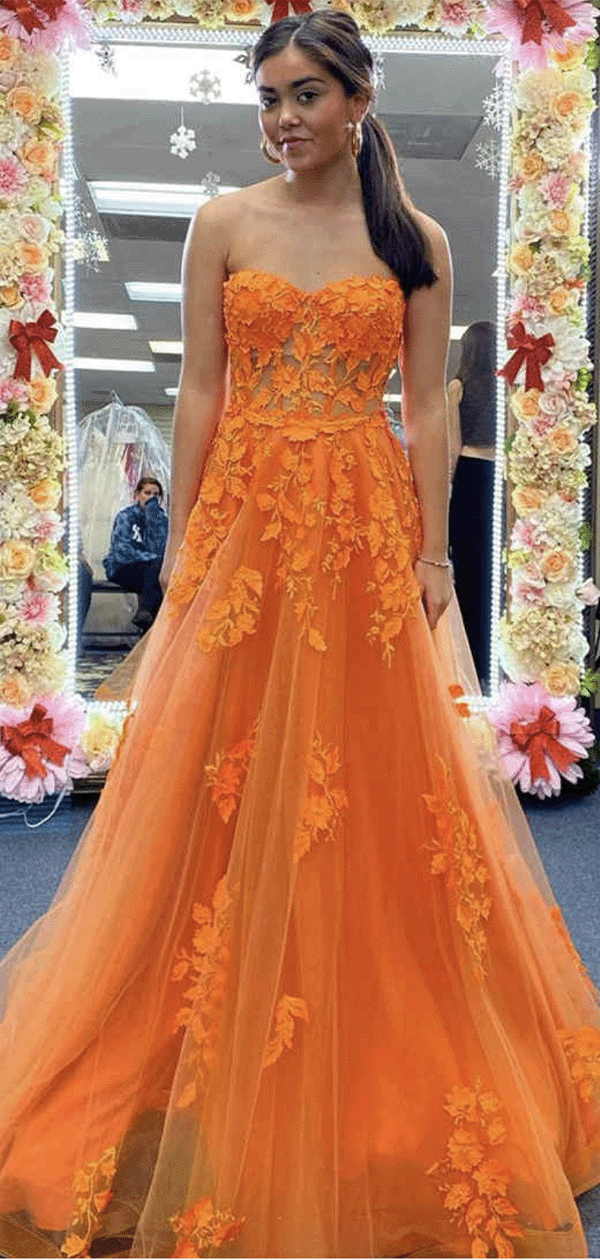 Orange Lace Strapless Custom Unique Mermaid Fashion Party Evening Long Prom Dresses PD019