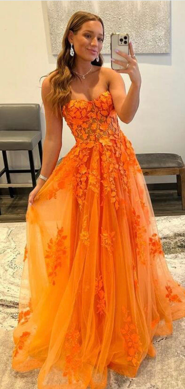 Orange Lace Strapless Custom Unique Mermaid Fashion Party Evening Long Prom Dresses PD019