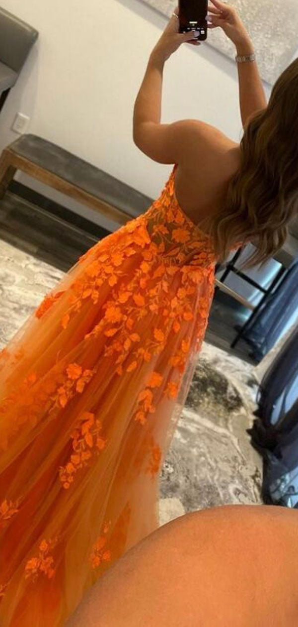 Orange Lace Strapless Custom Unique Mermaid Fashion Party Evening Long Prom Dresses PD019