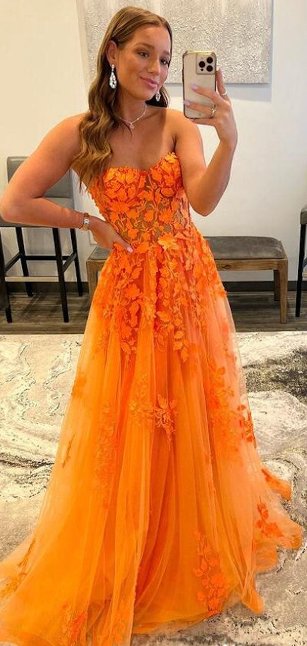 Orange Lace Strapless Custom Unique Mermaid Fashion Party Evening Long Prom Dresses PD019