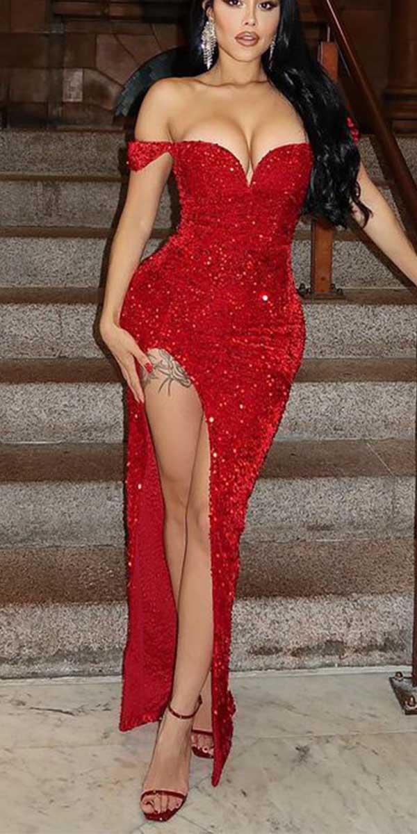 Red Sequin Sparkly Popular Sexy Unique Fashion Party Evening Long Prom Dresses PD027