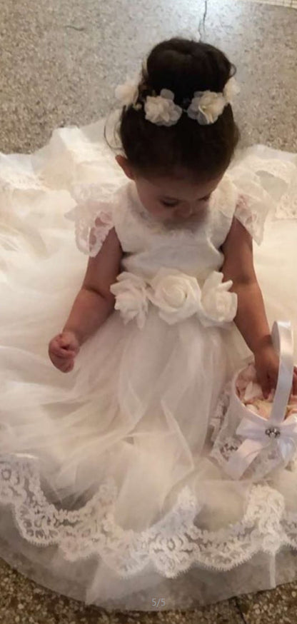 A-line Custom Cap Sleeves Ivory Lace Cute Flower Girl Dresses FG001