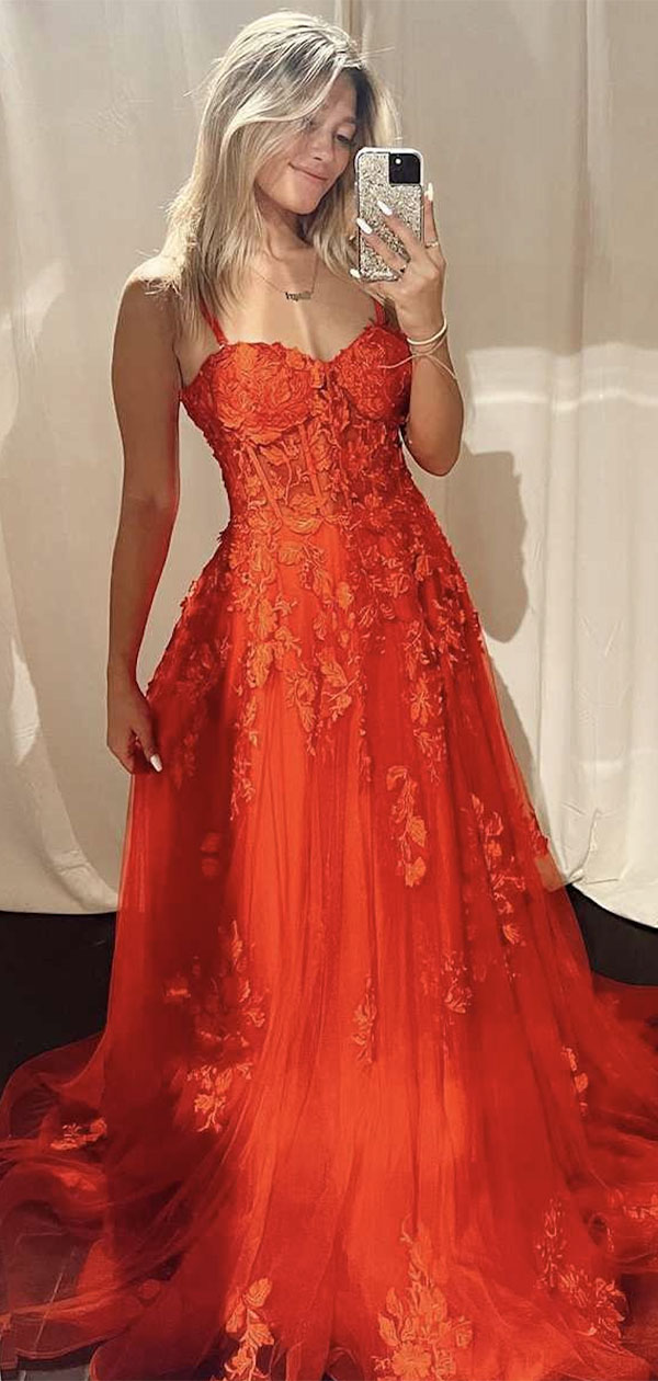 A-line Chic Straps Princess Lace Unique Fashion Party Evening Long Prom Dresses PD026