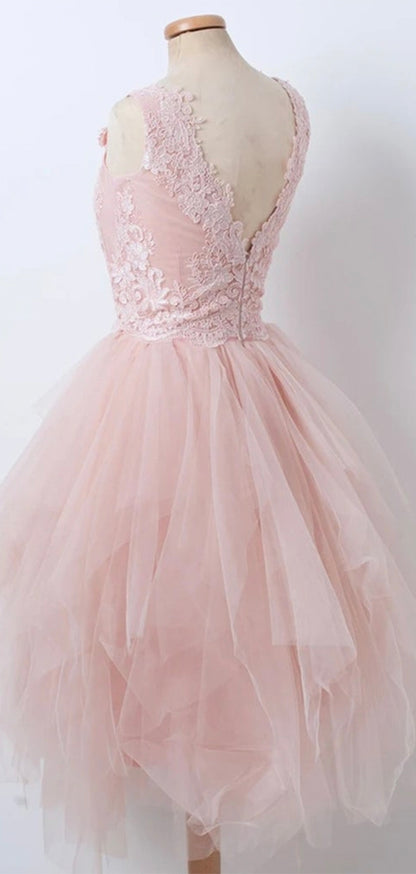 A-line Pink Lace Sleeveless Modest Short Party Prom Dresses, Tulle Homecoming Dresses HD017
