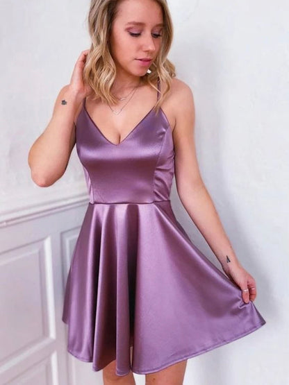 A-line Purple Simple Short Party Prom Dresses, Modest Homecoming Dresses HD022