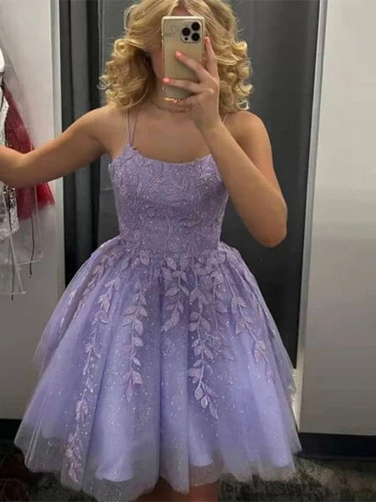 A-line Spaghetti Straps Sparkly Light Purple Lace Short Homecoming Dresses HD001