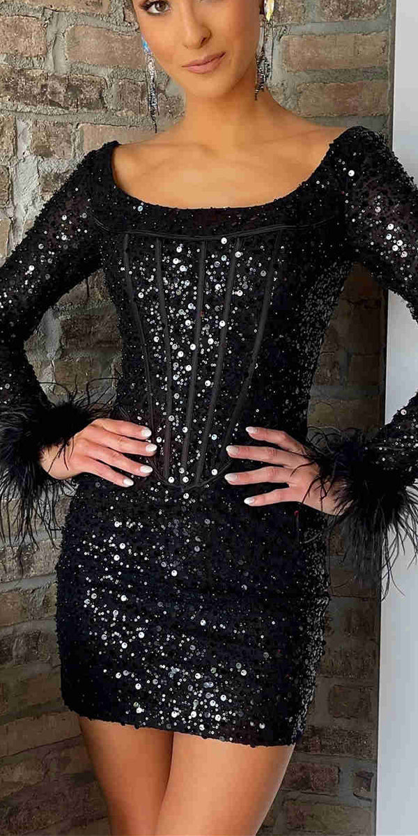 Mermaid Black Sequin Modest Popular Short Party Prom Dresses, Unique Homecoming Dresses HD013