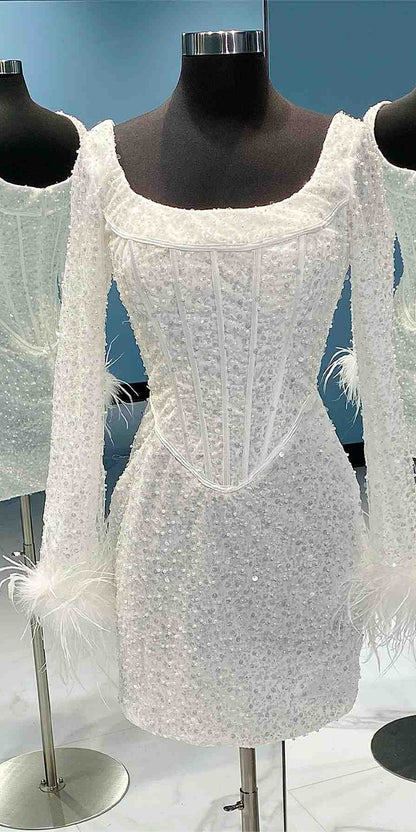 Mermaid Off White Sequin Modest Popular Short Party Prom Dresses, Unique Homecoming Dresses HD014