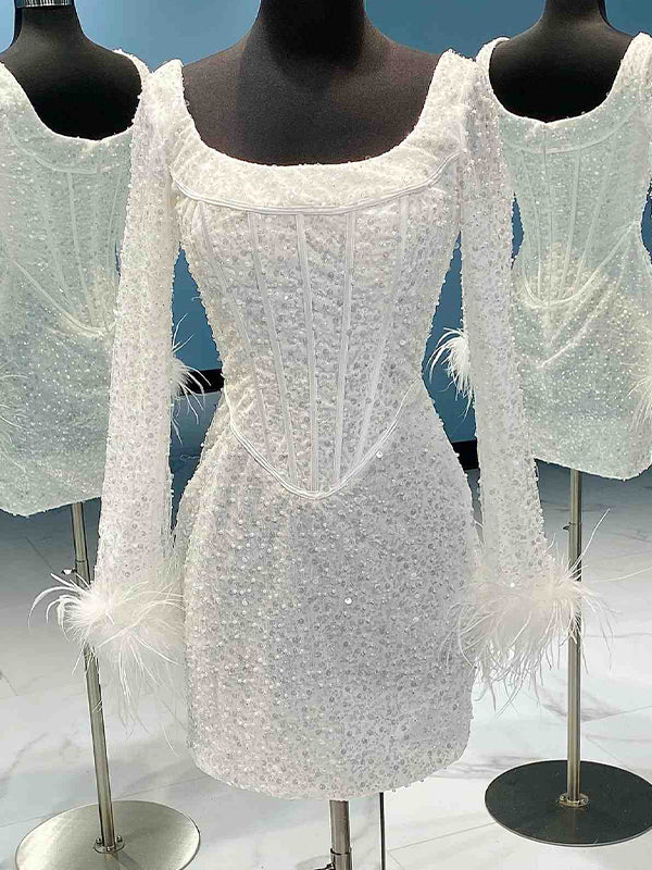 Mermaid Off White Sequin Modest Popular Short Party Prom Dresses, Unique Homecoming Dresses HD014