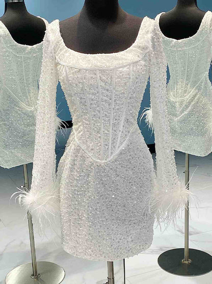 Mermaid Off White Sequin Modest Popular Short Party Prom Dresses, Unique Homecoming Dresses HD014