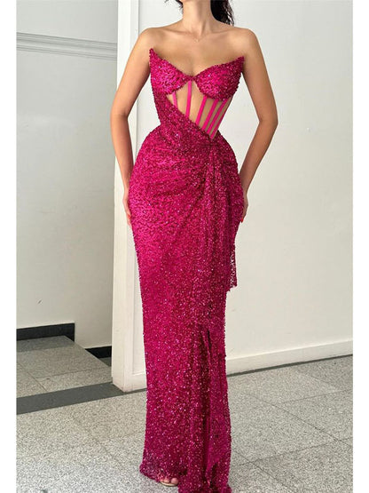 Mermaid Sequin Sparkly Strapless Unique Fashion Party Evening Long Prom Dresses PD031