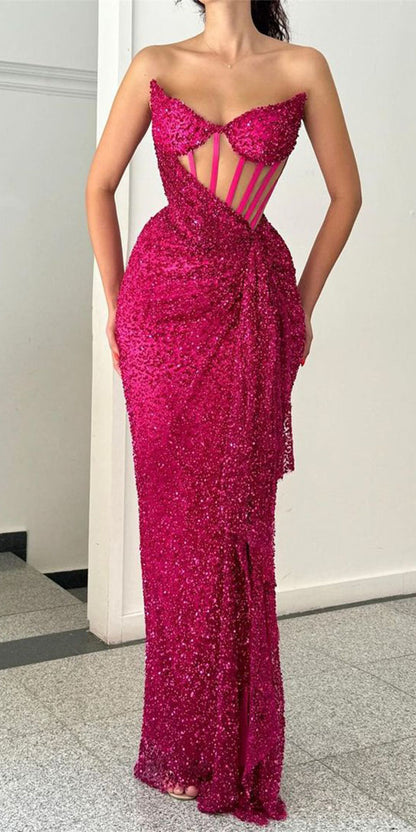 Mermaid Sequin Sparkly Strapless Unique Fashion Party Evening Long Prom Dresses PD031