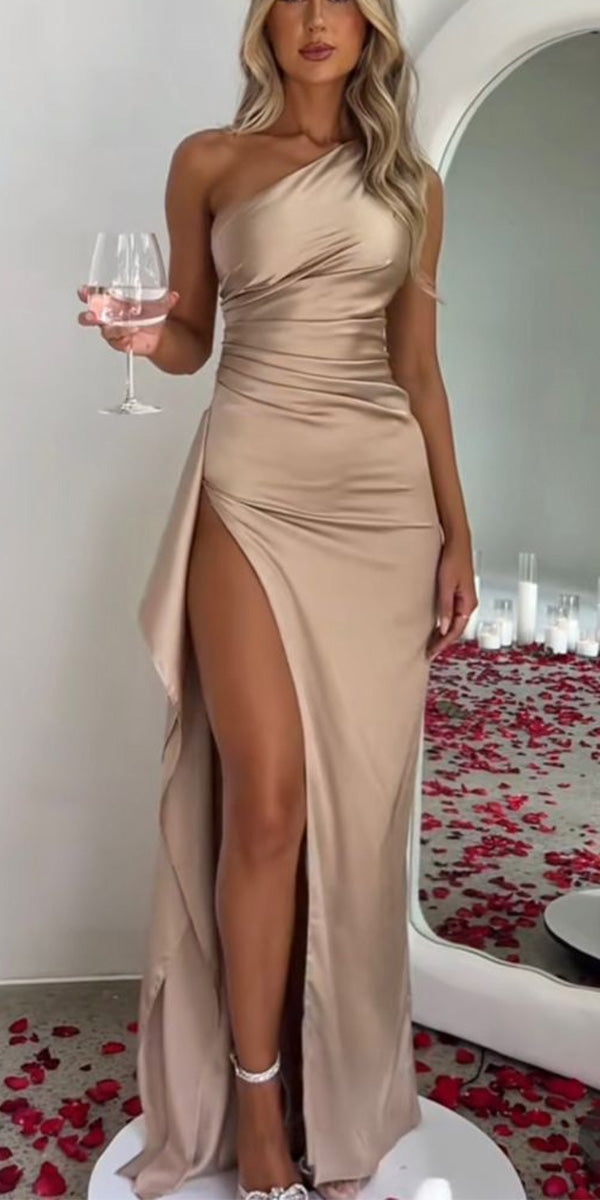 Mermaid Simple Formal Satin One Shoulder Elegant Fashion Party Evening Long Prom Dresses PD041